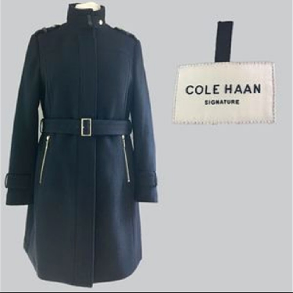 NWT Cole Haan Stand-Collar Wool Blend Coat (Navy)